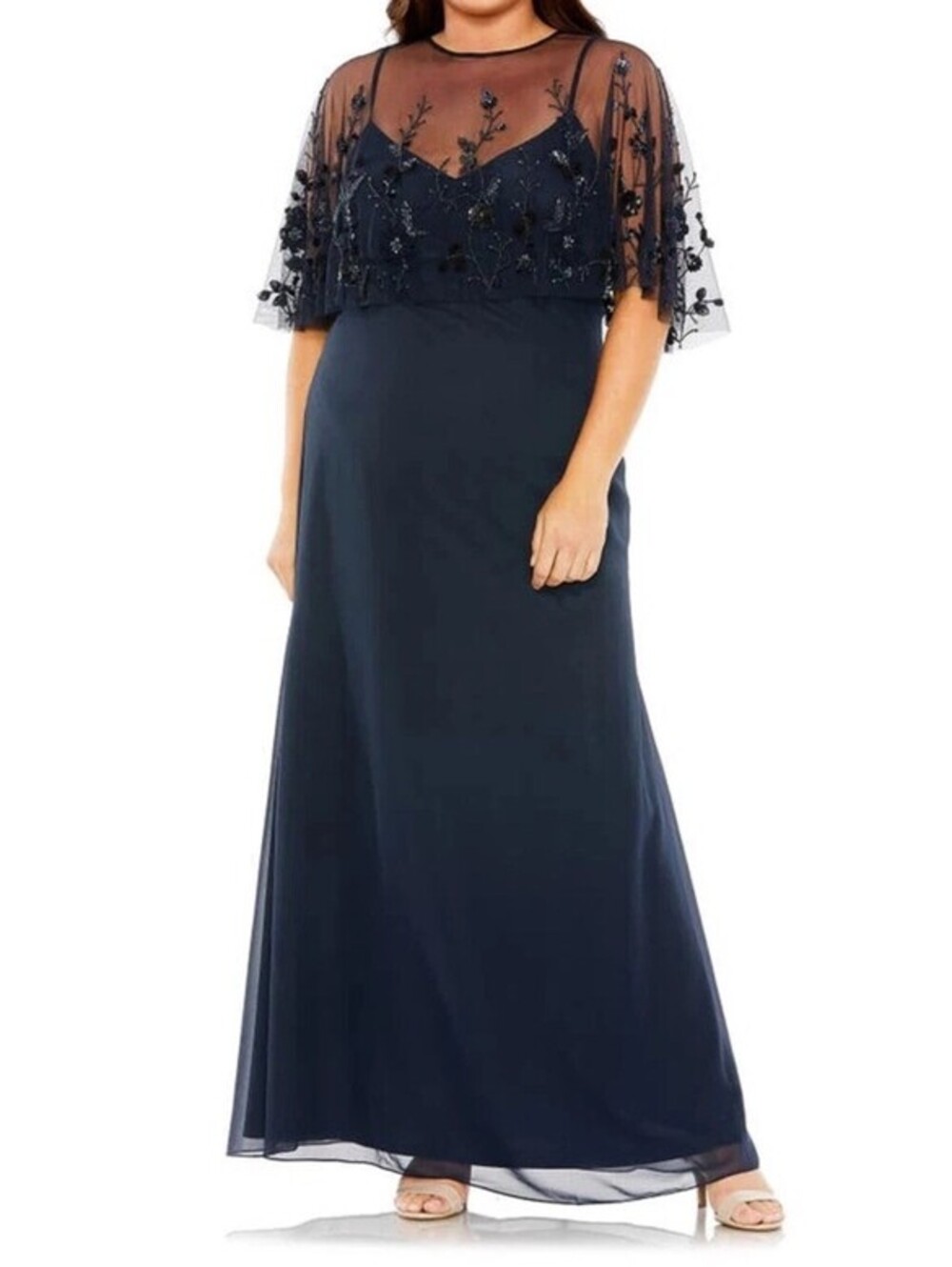 $498 Mac Duggal Midnight Blue Beaded Mesh Overlay Gown Size 22W